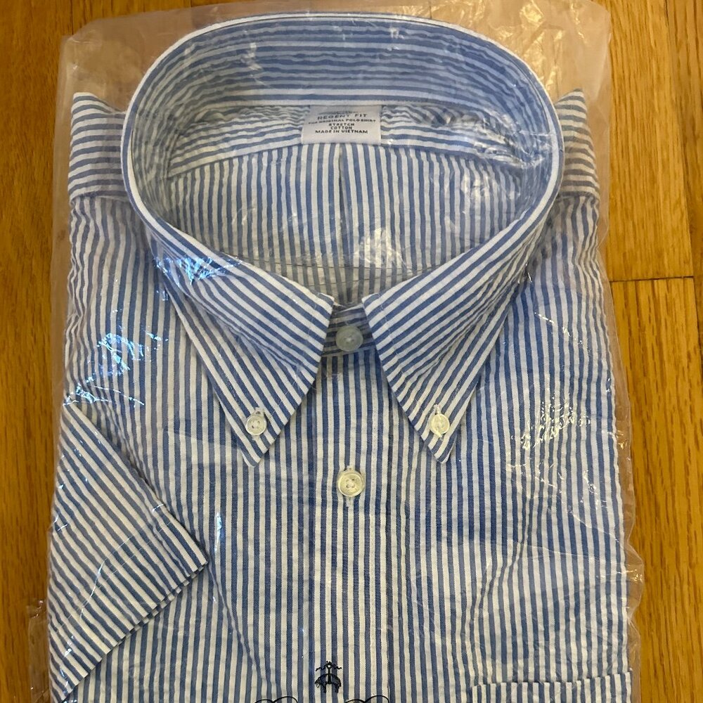 NEW Brooks Brothers Men's XL Seersucker Short Sleeve Shirt - Blue & White Stripe